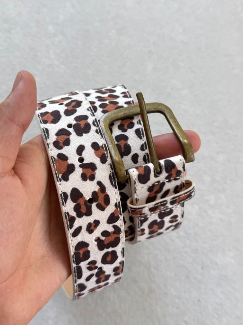 White Cheetah Print Bronze Buckle Unisex Belt